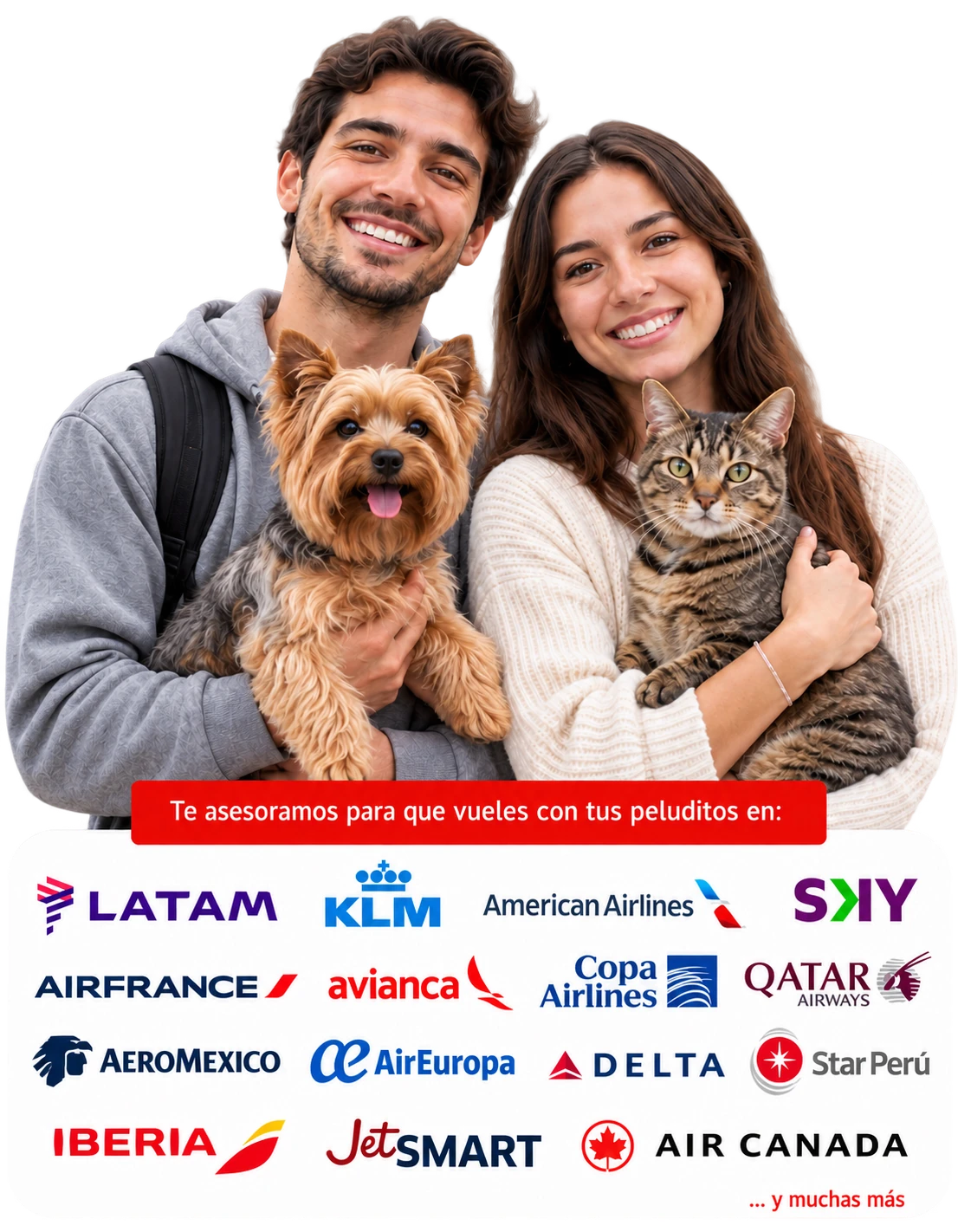PetGo: viaja con tus peluditos Viaja con tus peluditos: pareja con un perro y un gato junto a las aerolíneas de su próximo viaje.